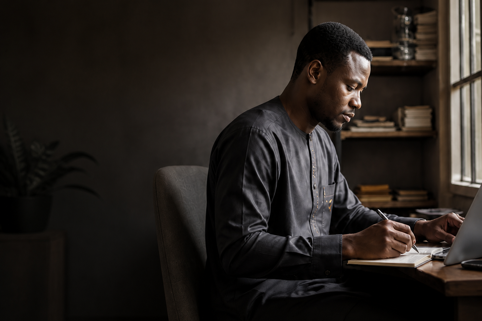 Representative business owner reviewing notes beside a laptop.